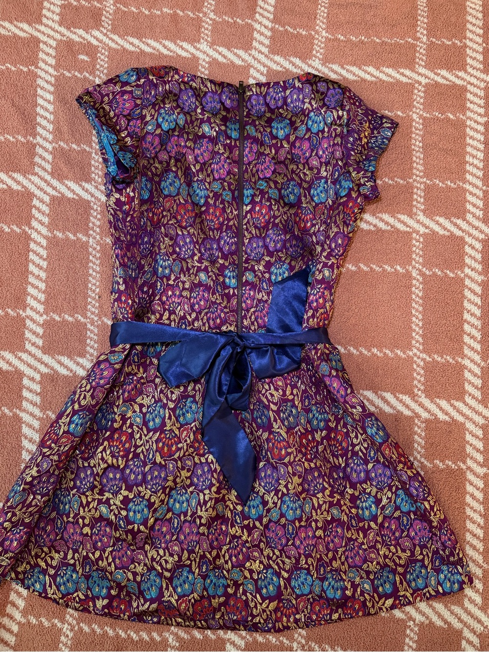 American Girl Purple Metallic Floral Fit-and-Flare Dress with Blue Sash - Picture 3 of 3